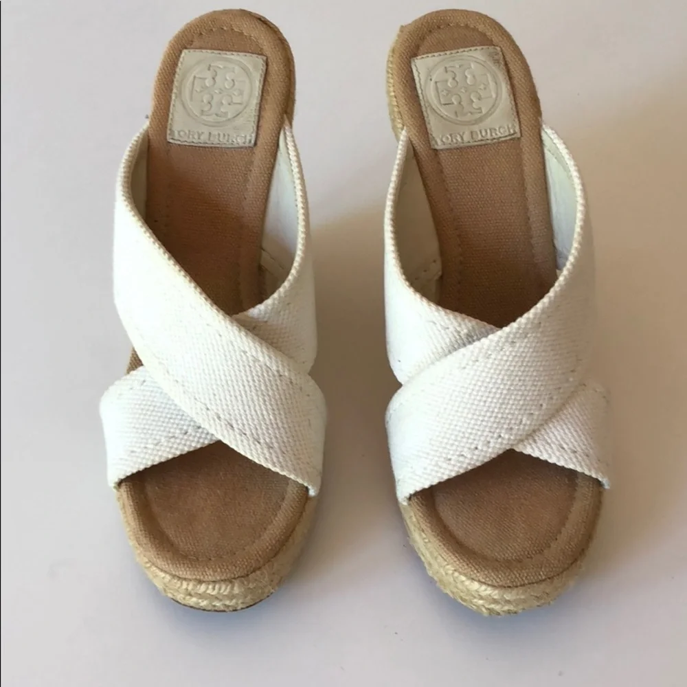 Tory Burch White Canvas Crisscross Espadrille Wedge Sandals with Gold Logo